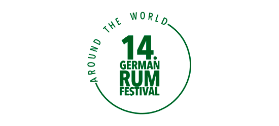 Logo des 14. German Rum Festival mit dem Slogan "Around the World" in grüner Schrift.